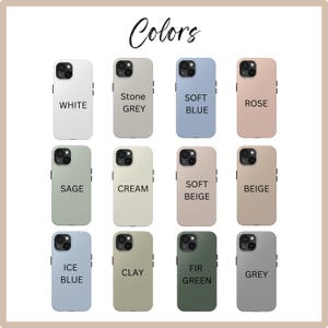 Pu&ograve; includere: Una griglia di 12 custodie per telefono in vari colori, tra cui bianco, grigio pietra, blu tenue, rosa, salvia, crema, beige tenue, beige, blu ghiaccio, argilla, verde abete e grigio. Le custodie sono tutte per lo stesso modello di telefono e hanno un design simile.