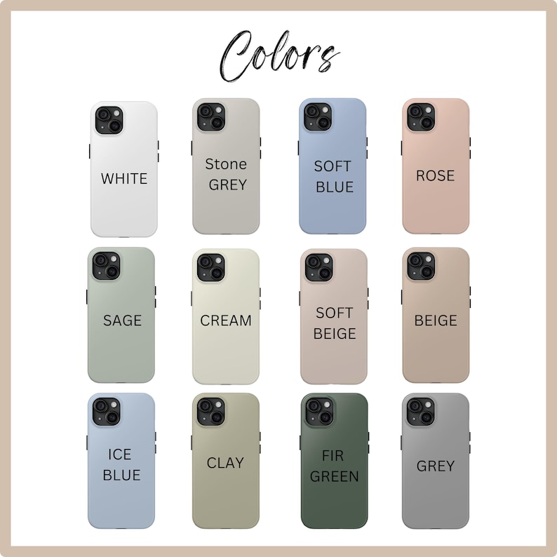 Pu&ograve; includere: Una griglia di 12 custodie per telefono in vari colori, tra cui bianco, grigio pietra, blu tenue, rosa, salvia, crema, beige tenue, beige, blu ghiaccio, argilla, verde abete e grigio. Le custodie sono tutte per lo stesso modello di telefono e hanno un design simile.