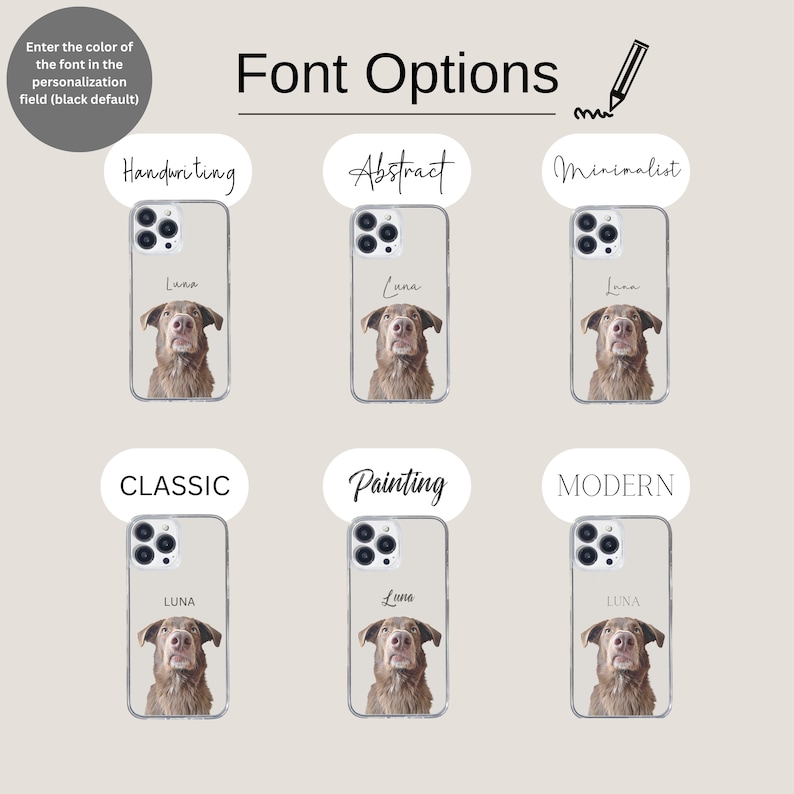 Pu&ograve; includere: Sei diversi design di cover per telefono con il viso di un cane e il nome "Luna" in vari caratteri. I caratteri sono etichettati "Handwriting", "Abstract", "Minimalist", "Classic", "Painting" e "Modern".
