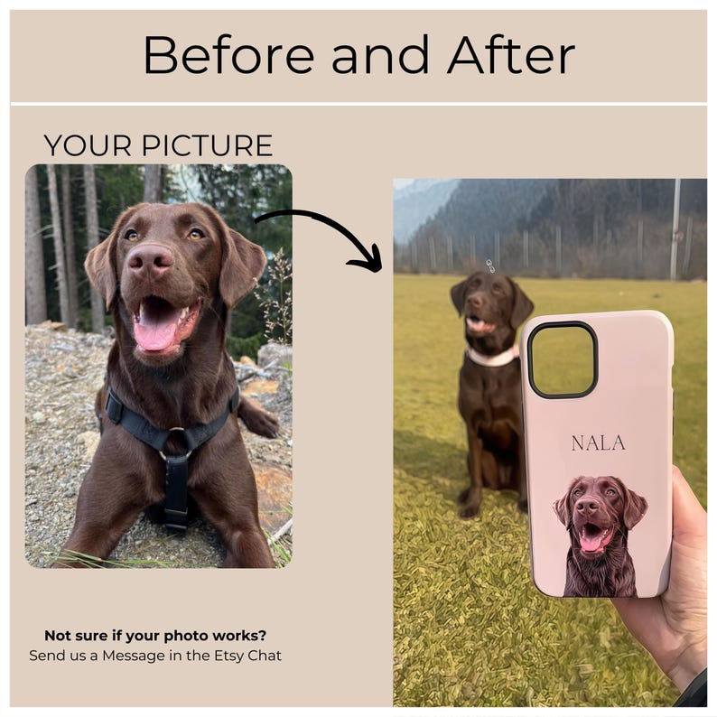 Pu&ograve; includere: Fotografie prima e dopo di un Labrador Retriever marrone. La prima foto mostra il cane in un ambiente naturale. La seconda foto mostra l'immagine del cane stampata su una custodia per telefono rosa con il nome "Nala" stampato sulla custodia.