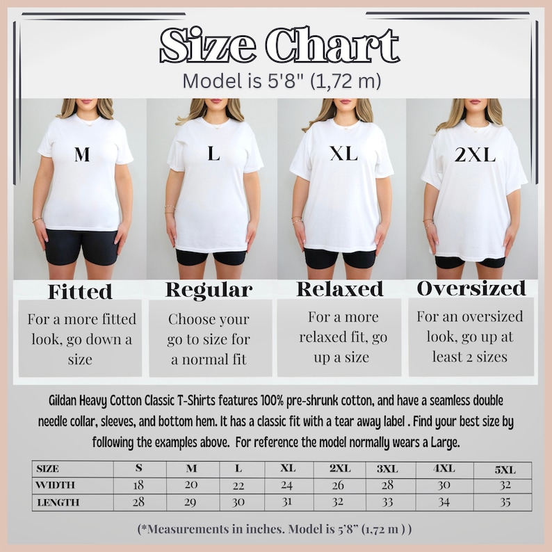 Pode incluir: Tabela de tamanhos para as T-shirts cl&aacute;ssicas de algod&atilde;o pesado Gildan, mostrando um modelo vestindo diferentes tamanhos da camiseta. A tabela inclui as medidas de largura e comprimento em polegadas. O modelo tem 1,72 m de altura.