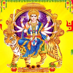 May include: A colourful illustration depicting a multi-armed deity in blue and gold, seated on a tiger. The deity is holding various objects, set against a yellow backdrop with red curtains and religious symbols.