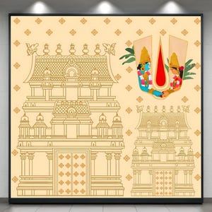 O Templo Gopuram é um tecido decorativo tradicional com arte de linhas de templos do sul da Índia, um nome colorido e uma divindade para puja. Tamanho: (8x8) pés.