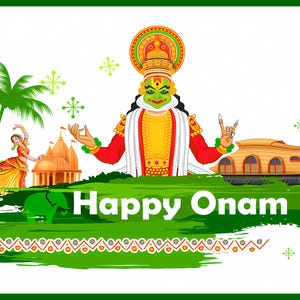 Może przedstawiać: Kolorowa ilustracja celebrująca Onam, indyjskie święto zbiorów. Obraz przedstawia zielone tło z tradycyjną łodzią domową Kerala, świątynią, palmą i postacią Mahabaliego, mitycznego króla. Tekst "Happy Onam" jest napisany białymi literami.