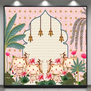 Holy Cow Kamdhenu Divine Pichwai Design Backdrop Cloth for Pooja Decoration Traditional Background Curtain Cloth for Pooja Size (8x8) FT