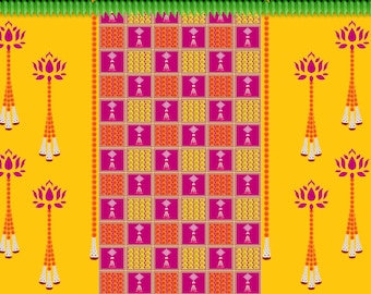 Hanging Flower with Lotus Flower design Backdrop for Pooja Decoration Traditional / Background Curtain for Pooja Size (5x8) FT
