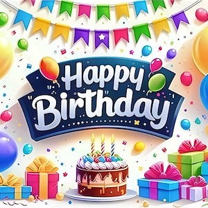 Pode incluir: Uma cena festiva de aniversário com balões coloridos, confetes e caixas de presente. A imagem apresenta um bolo de chocolate com velas acesas e as palavras "Happy Birthday". Um design alegre e festivo.