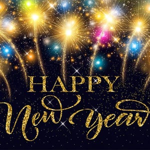 Painel de fundo com tema de Feliz Ano Novo, fogos de artifício pretos e dourados, decoração de festa, banner de véspera de Ano Novo, tema meia-noite para o festival de Ano Novo, tamanho (5*8) pés