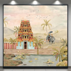 Cenário tradicional com design de Gopuram ornamentado, lago de lótus e elefante decorado para decoração de puja / Cortina de fundo (8x8 pés)