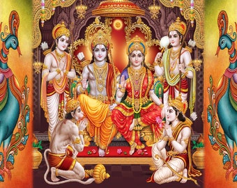 God Shree Ram Parivar Design Backdrop Curtain for Decoration Backdrop Cloth for Pooja Decoration Traditional/Background Curtain Size (5x8)FT