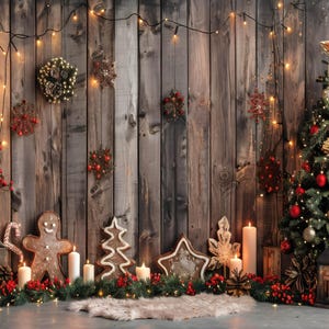 Pode incluir: Um fundo de madeira rústica com uma árvore de Natal decorada, um homem de gengibre e luzes de corda. A árvore está decorada com enfeites vermelhos, uma estrela no topo e uma guirlanda de pinhas. Também há velas e um trenó de madeira na cena.