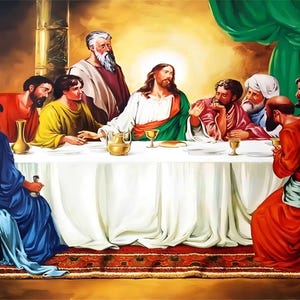 Pode incluir: Uma pintura retratando a Última Ceia, com Jesus no centro, cercado por seus discípulos. A cena se passa em uma longa mesa coberta com uma toalha de mesa branca. As figuras estão vestidas com vestes de várias cores, e o estilo geral é clássico.