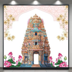 Pode incluir: Ilustração colorida de um templo com entalhes intrincados, apresentando tons de laranja, azul e rosa. O templo é emoldurado por um arco rosa com detalhes florais e flores de lótus na base. A obra de arte é apresentada em uma moldura preta.