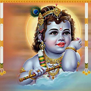 Tecido de fundo com estampa de flor de calêndula e imagem de Shree Bal Krishnaji para decoração de puja. Tamanho tradicional: 5x8 pés (1,5x2,4 metros).