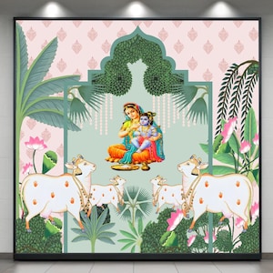 May include: A framed artwork featuring a vibrant illustration of a religious scene. It depicts a woman and a child, surrounded by cows and lush greenery. The background has a pink and green color scheme, with intricate details.
