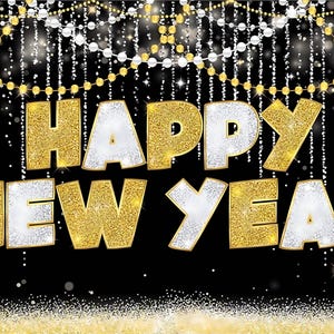 Painel de fundo "Feliz Ano Novo" para decoração de festa de Réveillon, fundo preto e dourado, adereços para fotos, tamanho (1,5 x 2,4 m).