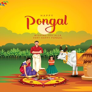 Pode incluir: Uma ilustração colorida de uma família celebrando Pongal, um festival de colheita do sul da Índia. A imagem mostra uma família de quatro pessoas em pé em frente a uma cabana tradicional com uma vaca e uma panela de arroz. O texto "Happy Pongal" está escrito em uma fonte festiva no topo da imagem.
