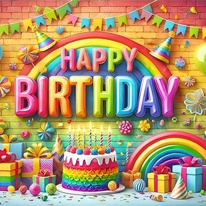 Pode incluir: Uma cena de aniversário colorida com um fundo de parede de tijolos. As palavras "HAPPY BIRTHDAY" são exibidas acima de um arco-íris. Balões, chapéus de festa, presentes e um bolo arco-íris com velas completam o arranjo festivo.