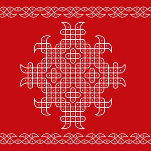 Pode incluir: Um fundo retangular vermelho com um padrão geométrico central branco composto por linhas e pontos interligados, rodeado por uma borda decorativa contínua de formas curvas brancas repetidas ao longo dos quatro lados do design.