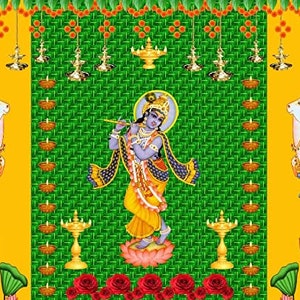Pode incluir: Uma ilustração colorida de Krishna, uma divindade hindu, tocando flauta. Ele está em pé sobre uma flor de lótus e rodeado de folhas verdes e flores amarelas. Duas vacas brancas estão de cada lado da imagem.