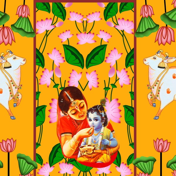 Yashoda Maata with Lord Krishna Design Backdrop Cloth for Pooja Decoration Traditional Background Curtain Cloth for Festival Size (5x8) FT