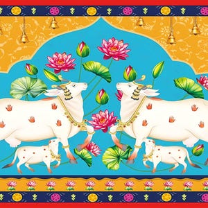 May include: A colourful illustration depicting two white cows with gold jewellery, facing each other. Pink lotus flowers and green leaves are set against a blue and yellow backdrop. The border is red, blue, and yellow, with decorative elements.