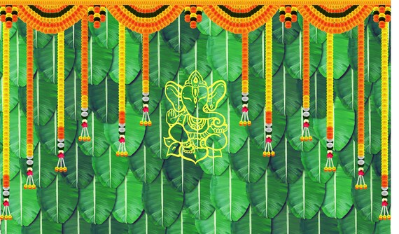 Buy Banana Leaf and Hanging Flower With Yellow Ganeshji Design Backdrop  Cloth for Pooja Decoration Traditional Background Size 5x8 FT Online in  India - Etsy