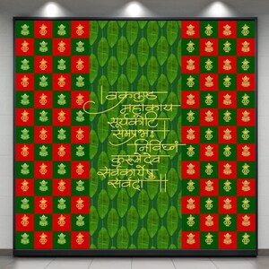 May include: A framed artwork with a green and red patterned border. The center features a vertical panel of green banana leaves, with gold script. The red and green border has a repeating pattern of gold and green decorative elements.