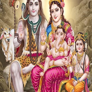 May include: A colourful painting depicting the Hindu deities Shiva, Parvati, Ganesha, and Kartikeya. Shiva is seated with a snake around his neck, holding a trident. Parvati is seated next to him, holding Ganesha in her lap. Kartikeya is standing to the right, holding a spear and a peacock feather. The painting is set against a background of mountains and clouds.