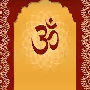 May include: A red and gold decorative archway with an ornate design. The archway has a yellow background with a red Om symbol in the centre.