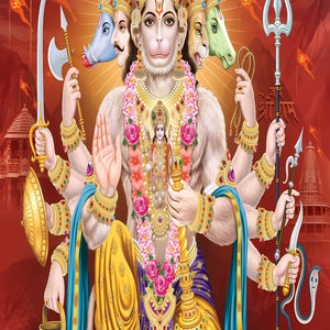 Panch Mukhi Hanumanji com diferentes cabeças para decoração de puja, cortina de fundo tradicional, tamanho (8x5) pés.