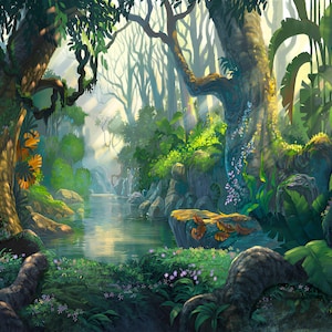 Pode incluir: Pintura detalhada de uma cena de floresta. A luz do sol filtra-se através das árvores, iluminando um riacho e a vibrante folhagem verde. A obra de arte apresenta uma variedade de plantas, rochas e uma sensação de profundidade, criando um ambiente natural e tranquilo.