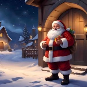 Pode incluir: Papai Noel está de pé em frente a uma porta de madeira, segurando uma bolsa de presentes e uma pilha de presentes embrulhados. Ele está vestindo um terno vermelho com detalhes brancos, uma barba branca e um chapéu vermelho. A cena se passa em uma vila nevada à noite.