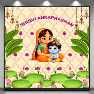 Pode incluir: Bandeira decorativa com o texto "SHUBH ANNAPRASHAN" em rosa. A bandeira apresenta uma ilustração de uma mulher e uma criança, juntamente com flores de lótus e sinos pendurados. O fundo tem um padrão repetitivo.