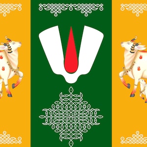 Pode incluir: Um símbolo religioso verde, branco e vermelho com duas vacas brancas e seus bezerros em um fundo amarelo. As vacas têm manchas vermelhas e usam colares de ouro. O símbolo é cercado por bordas decorativas brancas.