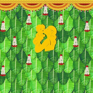 May include: A green backdrop featuring a pattern of banana leaves and white flowers. A yellow cutout of a mother and child is in the centre of the image.