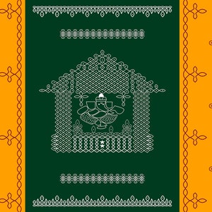 Pode incluir: Um desenho estampado verde e amarelo com um contorno branco de uma divindade hindu no centro. A divindade é cercada por um contorno branco de uma estrutura.