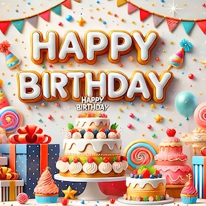 Pode incluir: Uma cena festiva de aniversário com as palavras "Happy Birthday" em letras grandes 3D. A imagem apresenta balões coloridos, presentes embrulhados, cupcakes e um bolo de vários andares, tudo sobre um fundo branco com confetes e uma faixa.