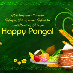 Pode incluir: Uma ilustração verde e amarela de uma celebração tradicional indiana, Pongal. A imagem apresenta uma cabana, palmeiras, cana-de-açúcar, trigo e uma panela de barro cheia de arroz. O texto diz "Wishing you all a very Happy, Prosperous, Healthy and Wealthy Pongal" e "Happy Pongal".