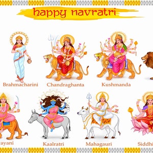 Pode incluir: Uma ilustração digital intitulada happy navratri apresentando nove figuras distintas de deusas, cada uma com atributos, poses e montarias únicas como leões, touros e um burro, dispostas em linhas sobre um fundo branco com bordas decorativas.