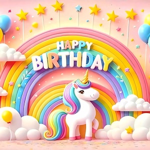 Pode incluir: Ilustração colorida com tema de aniversário, apresentando um unicórnio branco com crina e chifre de arco-íris, em frente a um arco-íris. As palavras "Happy Birthday" são exibidas acima. Balões, nuvens e estrelas completam o design festivo.
