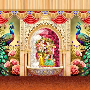 May include: A vibrant digital illustration of a traditional Indian temple scene. Two peacocks flank a central archway with figures, surrounded by pink roses and ornate columns. The backdrop features red curtains and gold accents.