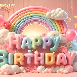 Pode incluir: Um gráfico de aniversário em tons pastel com um arco-íris, nuvens, balões e as palavras "Happy Birthday". O design inclui estrelas e flores penduradas, criando uma atmosfera lúdica e festiva.