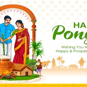 Pode incluir: Uma ilustração colorida de um casal celebrando Pongal, um festival de colheita do sul da Índia. O casal está de pé sob um arco decorado, segurando talos de cana-de-açúcar. Uma panela de arroz está cozinhando em uma fogueira na frente de uma pequena cabana. O texto "HAPPY Pongal" está escrito em letras verdes acima do casal. O texto "Wishing You All A Very Happy & Prosperous Pongal" está escrito abaixo do casal.