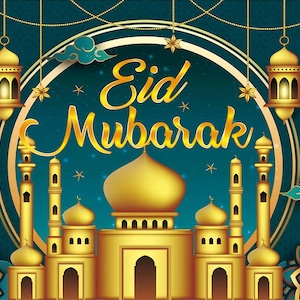 Pode incluir: Um design festivo de cartão de felicitações Eid Mubarak. A imagem apresenta uma mesquita dourada, lanternas e elementos decorativos sobre um fundo turquesa. As palavras "Eid Mubarak" estão escritas em ouro, celebrando o feriado islâmico.