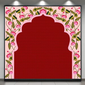 Pode incluir: Painel decorativo com um design de arco vermelho com borda rosa, sobre um fundo rosa claro. O painel é adornado com padrões florais, incluindo flores de lótus rosa e folhas verdes, criando uma exibição vibrante e artística.