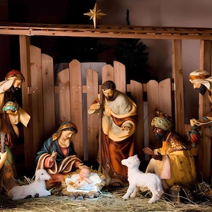 Cenário fotográfico do nascimento de Jesus, presépio de Natal com figuras da Virgem Maria e ovelhinhas. Tamanho do banner: 1,5 x 2,4 metros (5 x 8 pés).