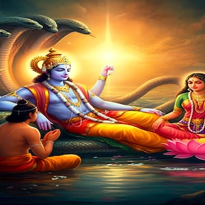 Pode incluir: Obra de arte digital que retrata uma divindade hindu com pele azul, adornada com joias de ouro e uma coroa, reclinada sobre uma serpente. Uma mulher em roupas vermelhas e verdes está sentada em uma flor de lótus. Uma figura em vestes laranja está ajoelhada em oração.