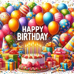 Pode incluir: Uma cena festiva de aniversário com balões coloridos, caixas de presente e um bolo. As palavras "HAPPY BIRTHDAY" são exibidas em destaque. O bolo tem velas acesas e é decorado com flores. Fitas e confetes contribuem para a atmosfera festiva.