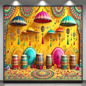 以下が含まれることがあります： 黄色い背景に、装飾的な傘、太鼓、花のアクセントが施された、鮮やかでカラフルなディスプレイ。青、ピンク、緑の色合いのさまざまなサイズの傘があり、複雑な模様とタッセルが付いています。太鼓は詳細なデザインで飾られています。